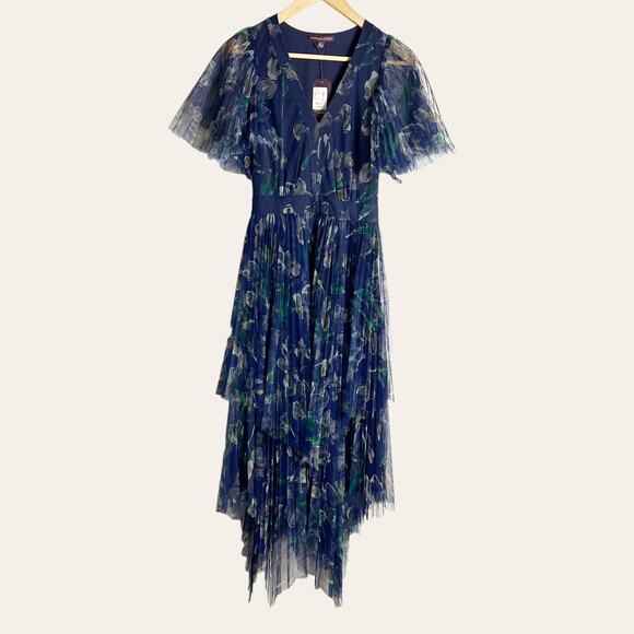 Marchesa Voyage Iris Blue Sheer Pleated Floral Print V-Neck Midi Dress 2 - Picture 5 of 16
